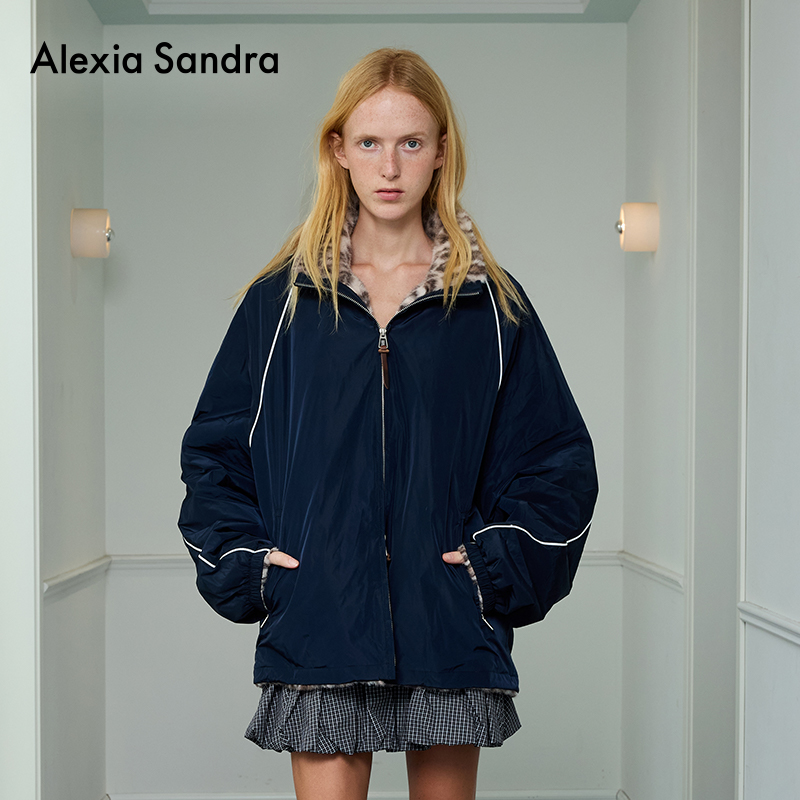 撞色夹条豹纹毛绒里运动外套