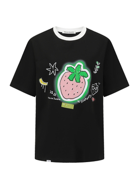 Alexia Sandra夏季荧光草莓印花LOGO短袖宽松T恤黑色撞色领高级感