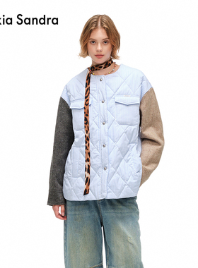 Alexia Sandra冬季设计感撞色拼接竖条纹口袋圆领棉服外套女时尚