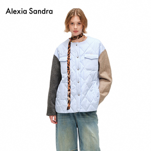 设计感撞色拼接竖条纹口袋圆领棉服外套女时尚 Alexia Sandra冬季