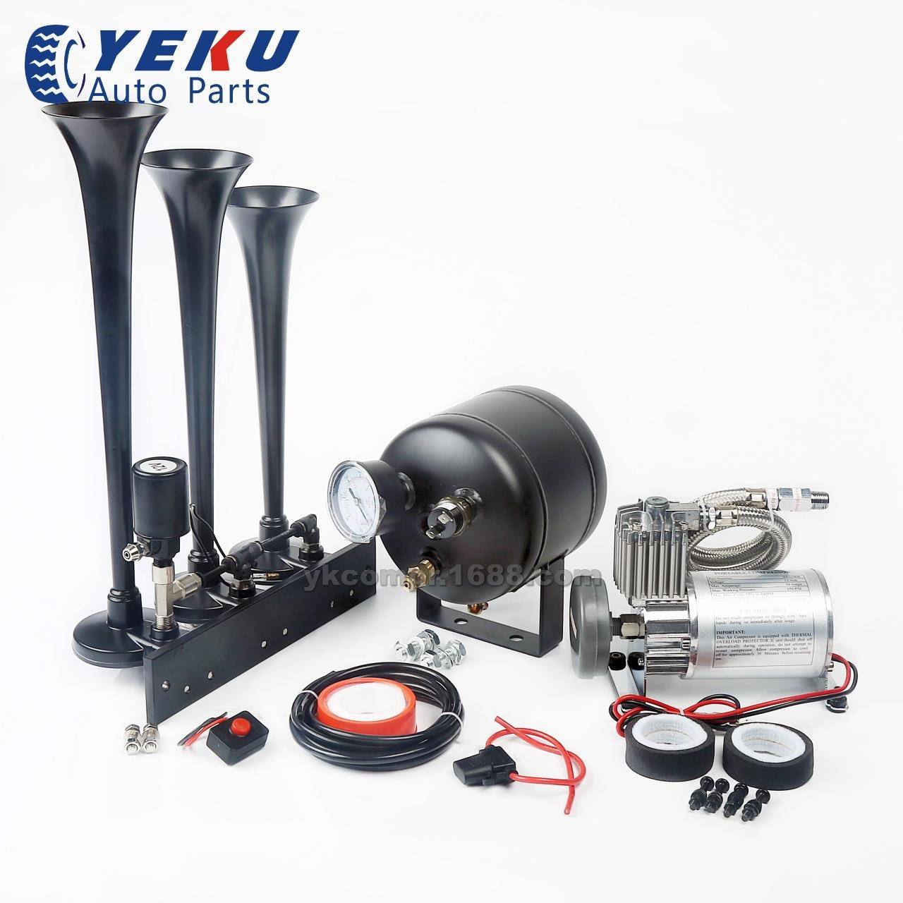 汽车改装气泵带3三管黑色喇叭不锈钢空压机/12V车载充气泵热销