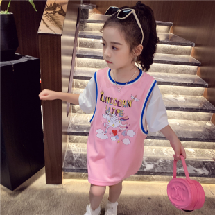 卡通女童T恤短袖连衣裙夏季中长款宽松假两件篮球服上衣儿童t裙子