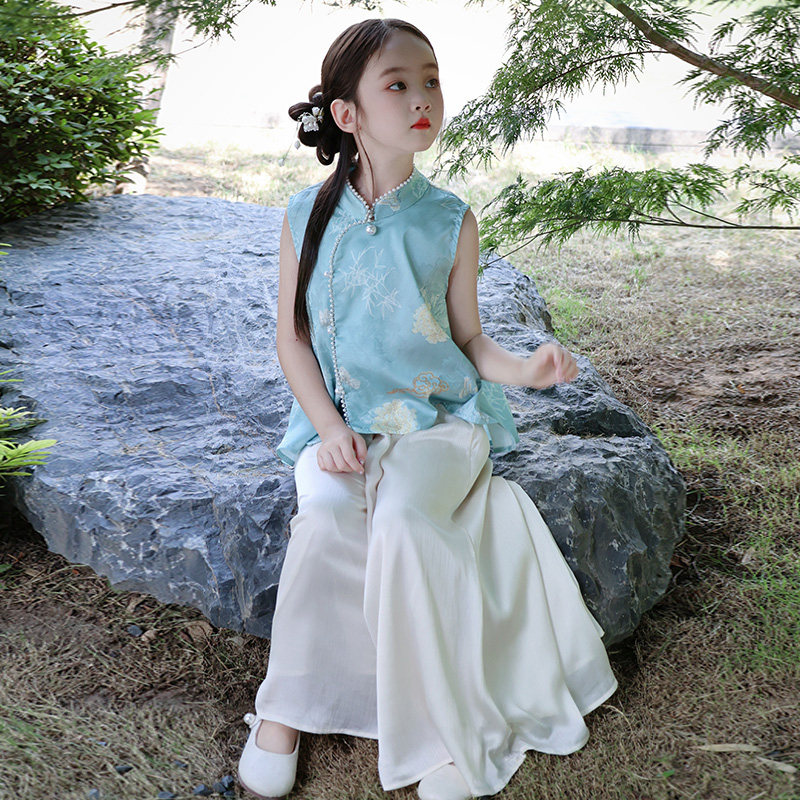 女童裤裙套装夏季薄款宽松复古儿童裙裤冰丝阔腿裤女大童夏装裤子