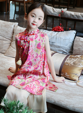 红色女童旗袍裙中国风改良古筝儿童汉服连衣裙夏季新中式唐装裙子