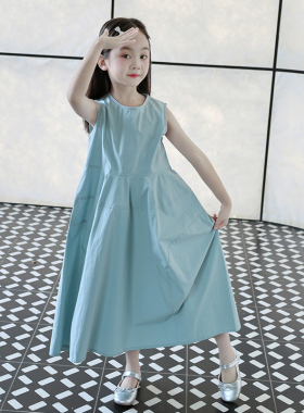 纯棉高级感女童连衣裙夏季儿童法式背心裙蓝色裙子气质长裙中大童