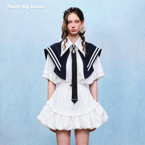 【夏上新】4MILE BY KSMILE 26春夏新款海军领披肩竖条纹短袖套装