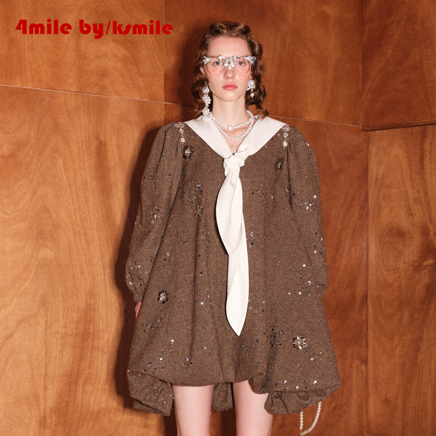 【25秋季新品】4MILE BY KSMILE 海军领拼接亮片毛呢小香连衣裙