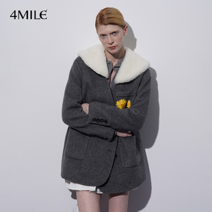 撞色钉珠羊毛短大衣V领灰色气质毛呢外套 4MILE 年货狂欢季
