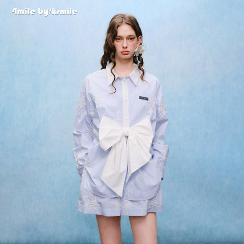 【夏上新】4MILE BY KSMILE 26春夏款蝴蝶结条纹刺绣衬衫套装