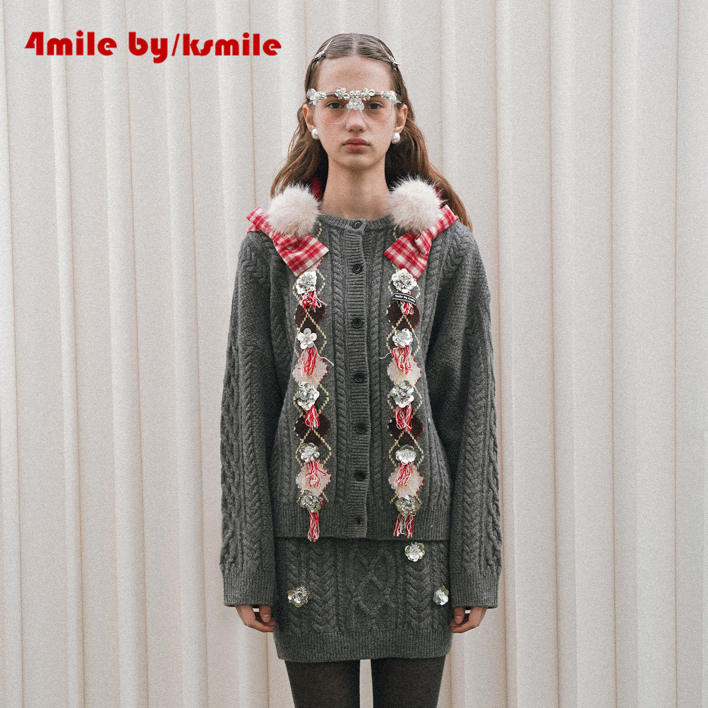 【年货狂欢季】4MILE BY KSMILE 灰色可拆卸帽子复古菱格毛衣套装,女装/女士精品,时尚套装,淘宝优惠券,粉丝福利购,淘宝优惠卷