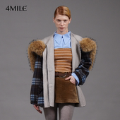 4MILE 年货狂欢季 蓝格纹毛领连帽短大衣宽松保暖毛呢外套