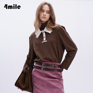 4MILE 新品 2024年秋季 T恤女 蕾丝花边领拼色休闲polo衫 长袖