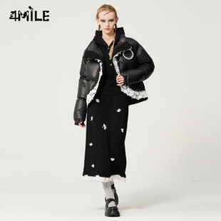 4MILE设计师品牌 保暖女士羽绒服 蕾丝花边高领时尚