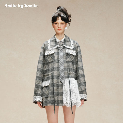 4MILE BY KSMILE 26秋冬新款不对称蕾丝拼接外套钉珠抽绳显瘦风衣