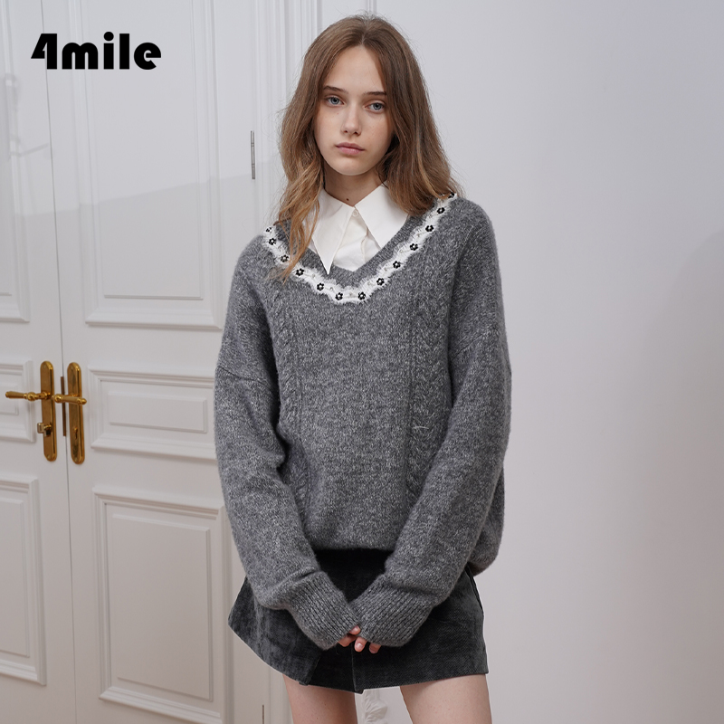 【4MILE】2024年冬季新品 花边V领真丝羊绒衫甜美钉珠套头毛衣