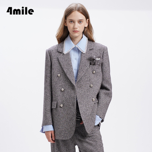 灰色气质双排扣西装 新品 2024年秋季 女士通勤外套上衣 4MILE