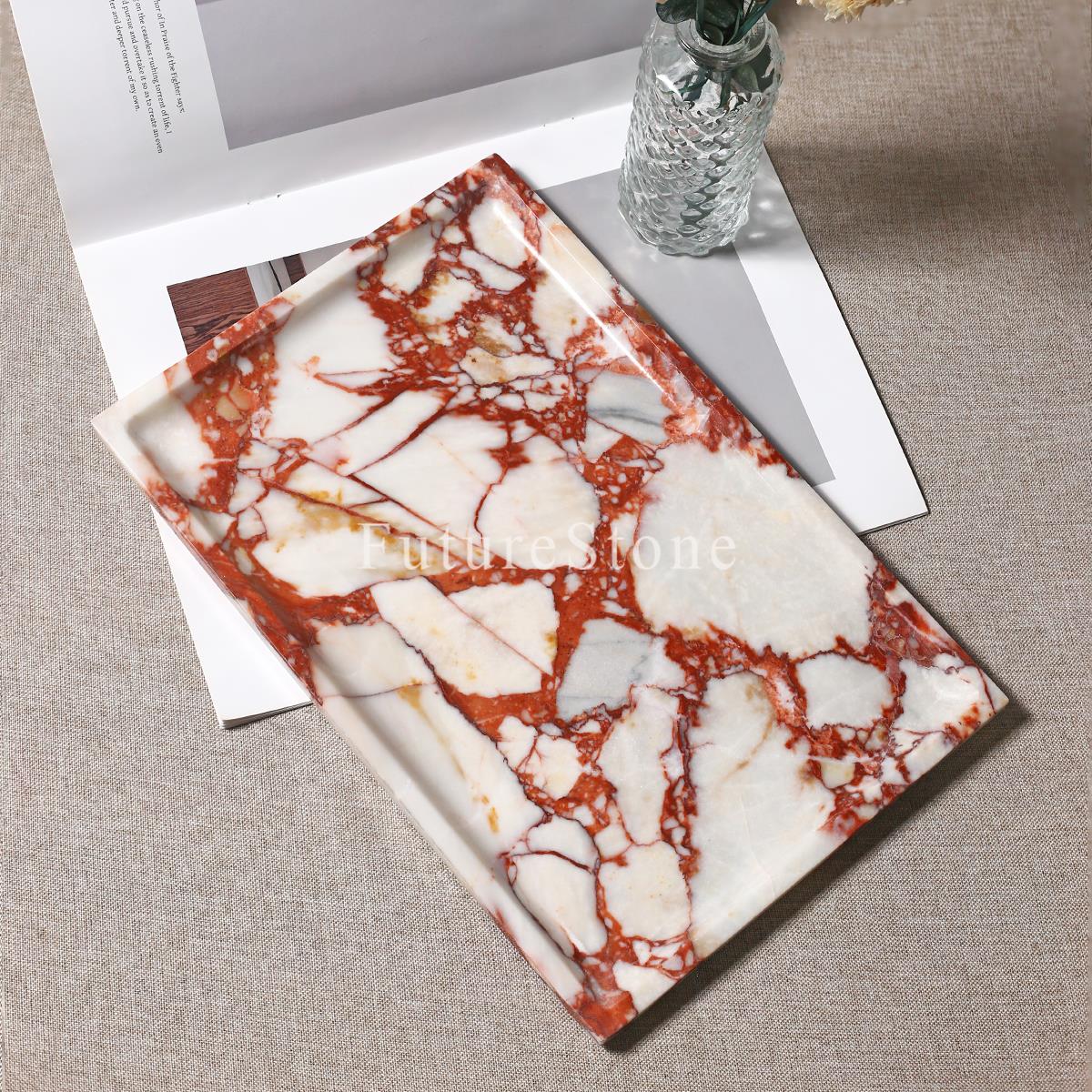 轻奢天然红色大理石长方形托盘浴室乳液瓶置物盘珠宝首饰戒指收纳