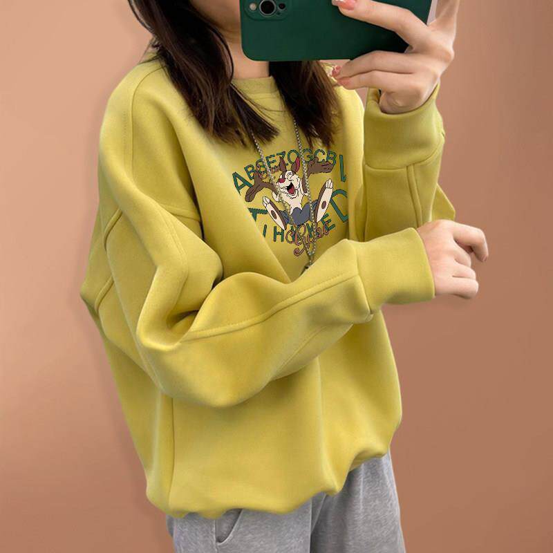 纯棉圆领卫衣女春秋季2025新款宽松慵懒风薄款套头加绒打底衫秋冬