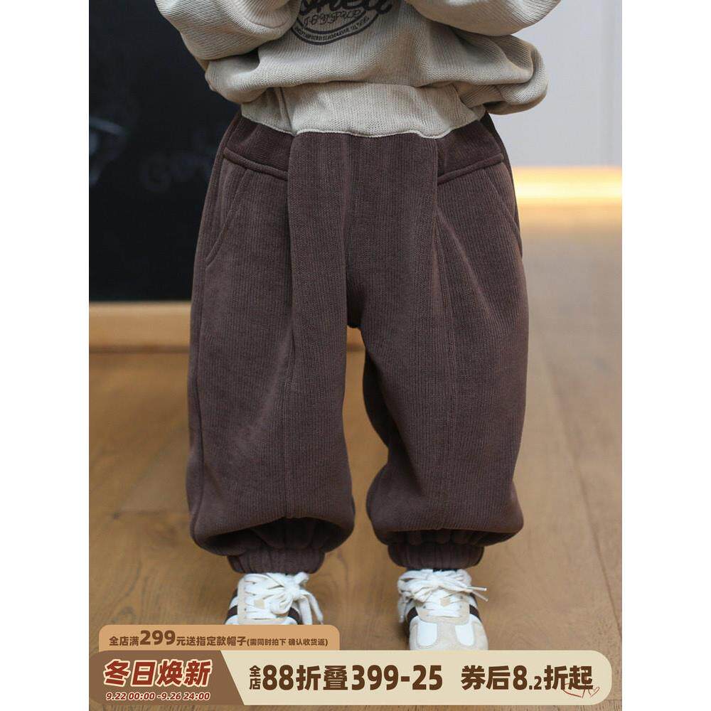砚台家韩版男童拼色加绒卫裤婴儿秋冬裤子女童束脚纯棉儿童休闲裤