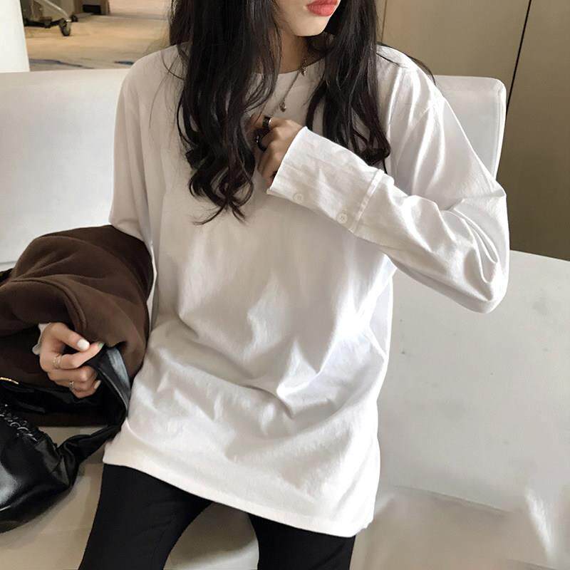 2025春秋中长款宽松纯棉白色长袖遮屁股t恤打底衫女叠穿显瘦上衣