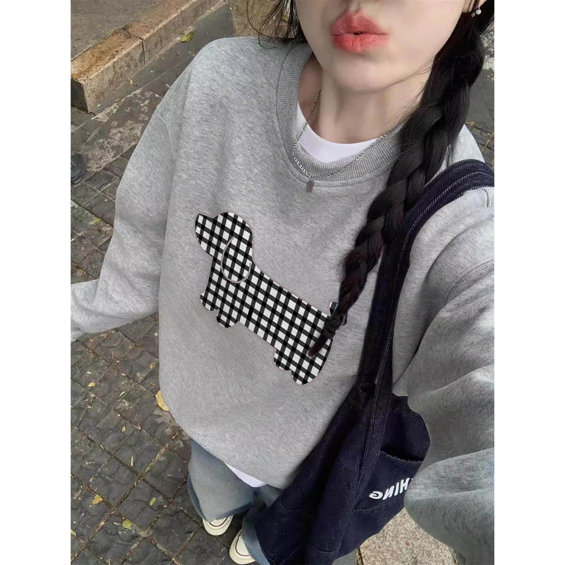 美式灰色正肩无帽卫衣女款加绒加厚内搭打底衫圆领宽松慵懒风上衣