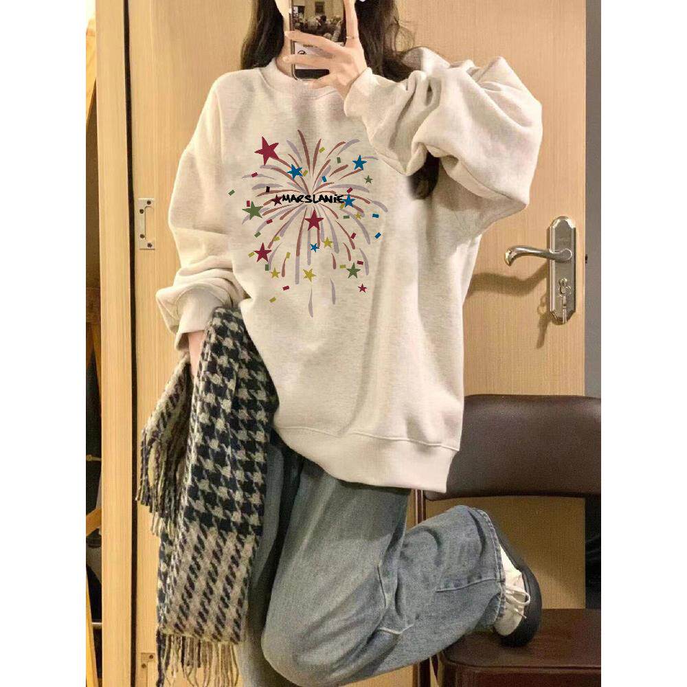 纯棉美式覆古加绒加厚无帽圆领卫衣女2025新款设计感小众慵懒上衣