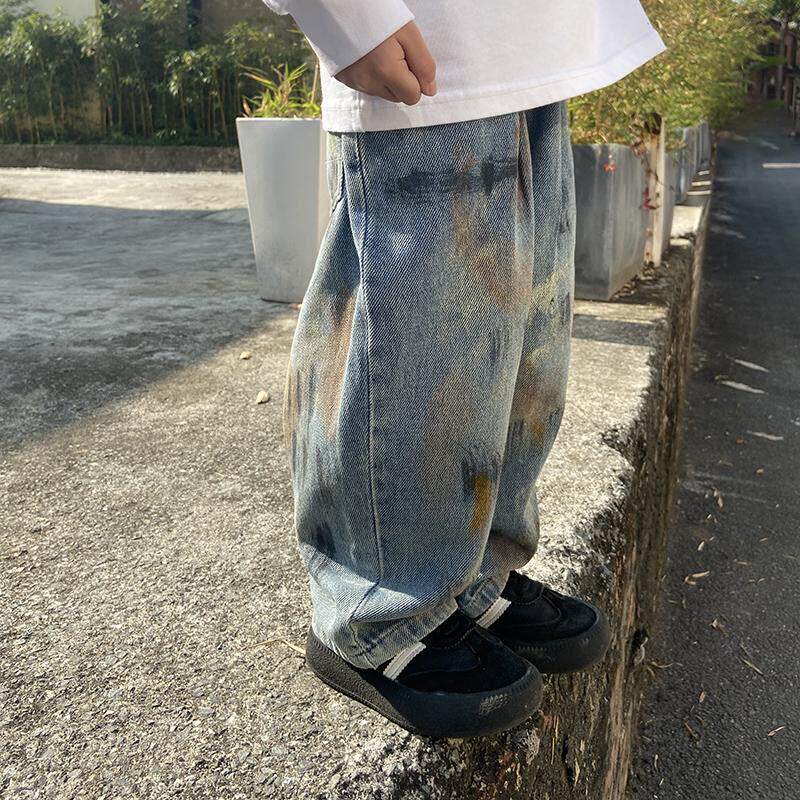 牛仔裤男款儿童痞帅彩绘裤子洋派直筒美式高街春秋款长裤潮