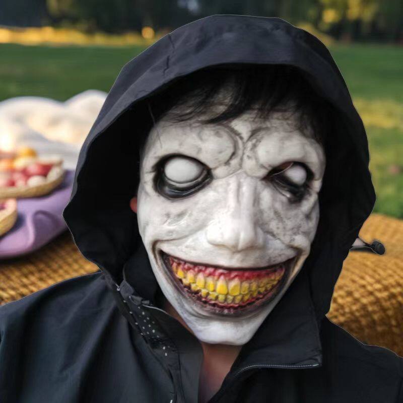 万圣节恐怖头套微笑白脸恶鬼面具伏地魔驱魔人绿色装扮搞怪道具