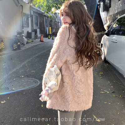 2025新款粉色羊羔毛皮毛一体大衣