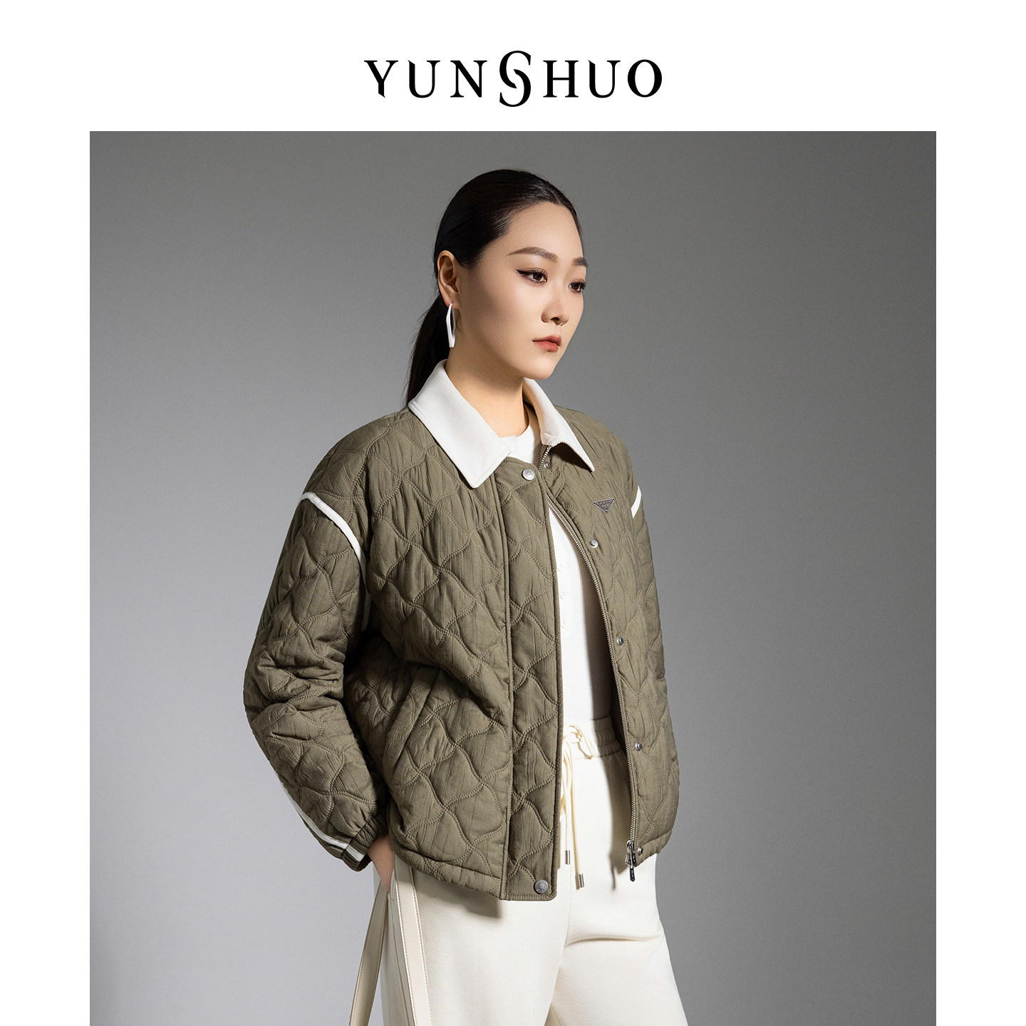 允硕新品短款百搭棉服菱格翻领棉袄宽松休闲上衣长袖女装825029