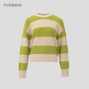 YUNSHUO条纹针织保暖羊毛衫女宽松休闲内搭套头衫短款上衣739454