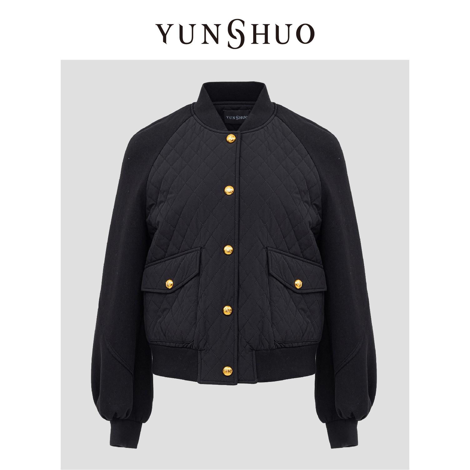 YUNSHUO允硕秋冬加棉短款立领外套纯色百搭休闲棉服针织袖825021