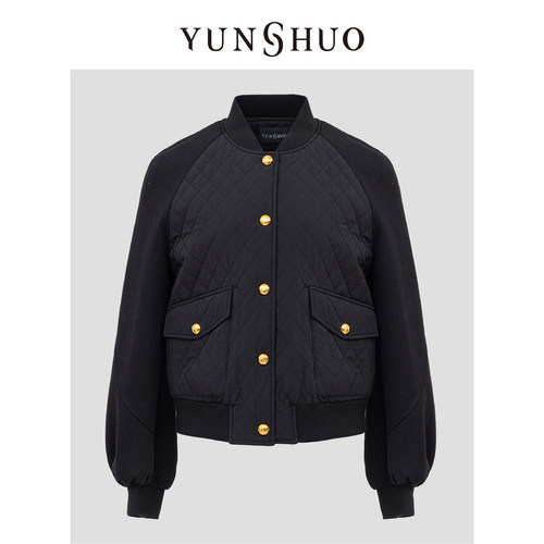 YUNSHUO允硕秋冬加棉短款立领外套纯色百搭休闲棉服针织袖825021