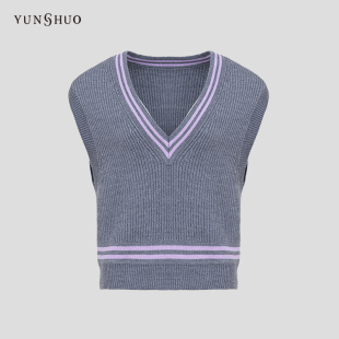 YUNSHUO新款 保暖背心条纹715067 绵羊毛针织马甲女V领无袖