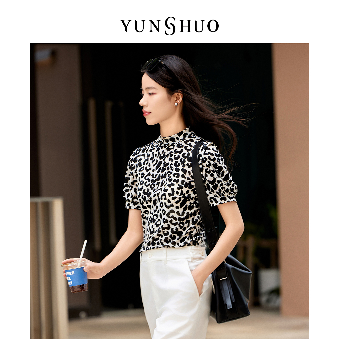 YUNSHUO允硕夏季轻薄网纱短袖时尚豹纹气质显瘦套头衫上衣345184