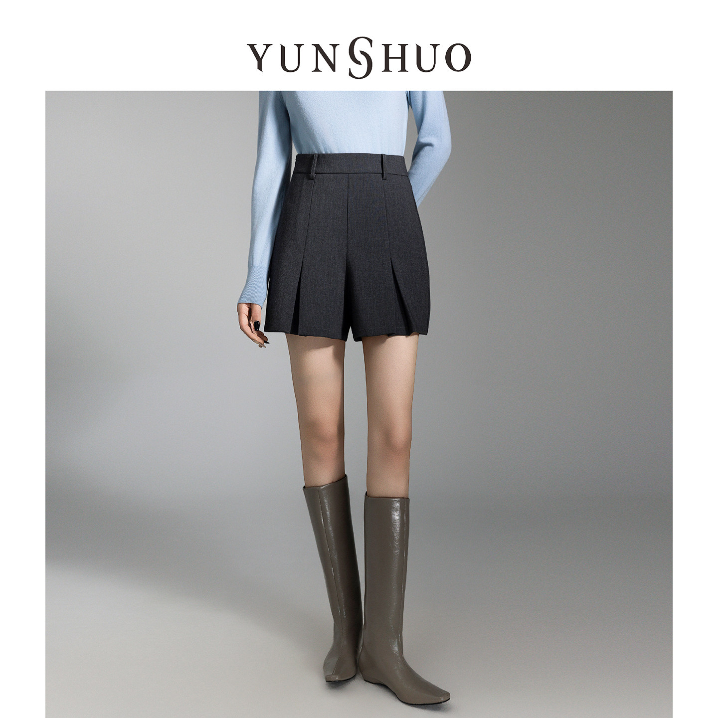 允硕新品时尚高腰百褶短款遮胯阔腿女装纯色气质简约裤子195136