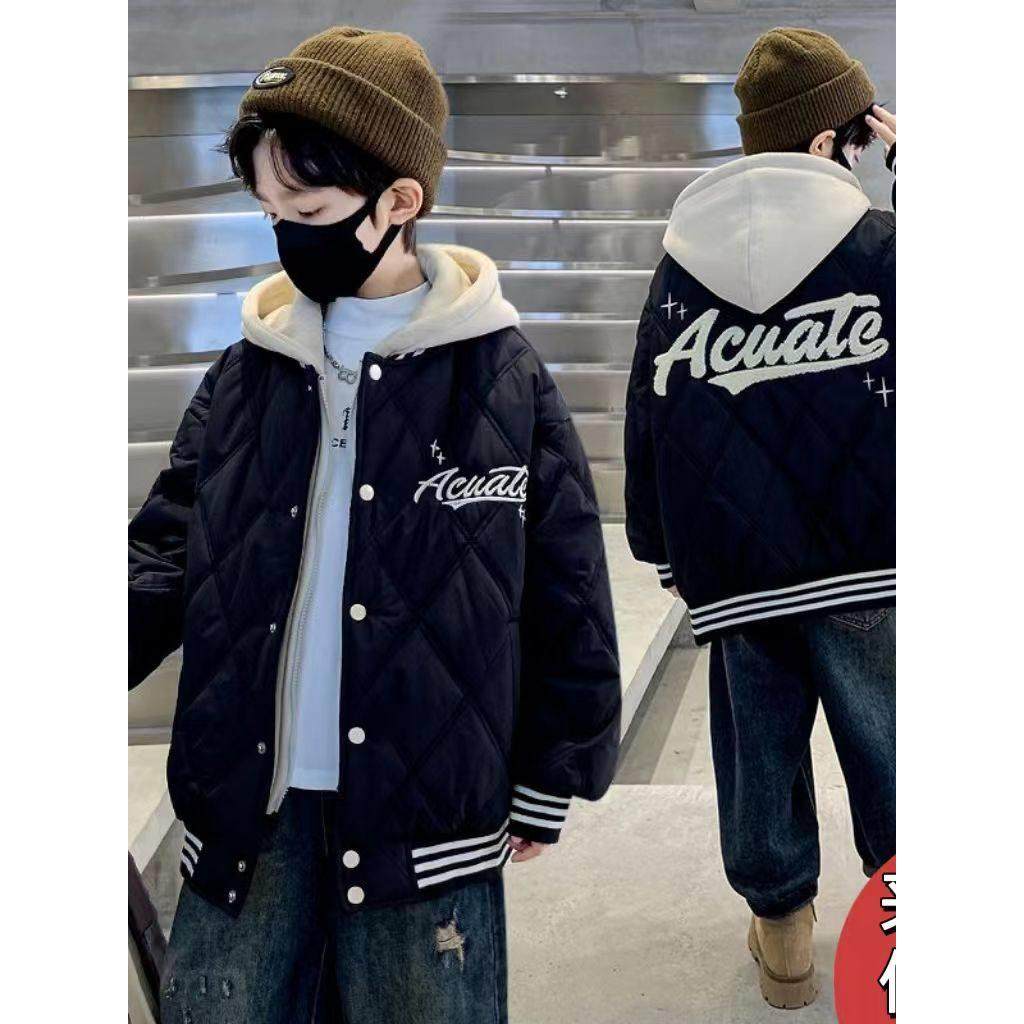 男童棉服秋冬款2025新款假两件棒球服儿童冬季夹棉外套中大童上衣