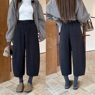 桐桐佳~冬季加绒毛呢8分休闲奶奶裤女时尚宽松靴裤花苞裤子86093