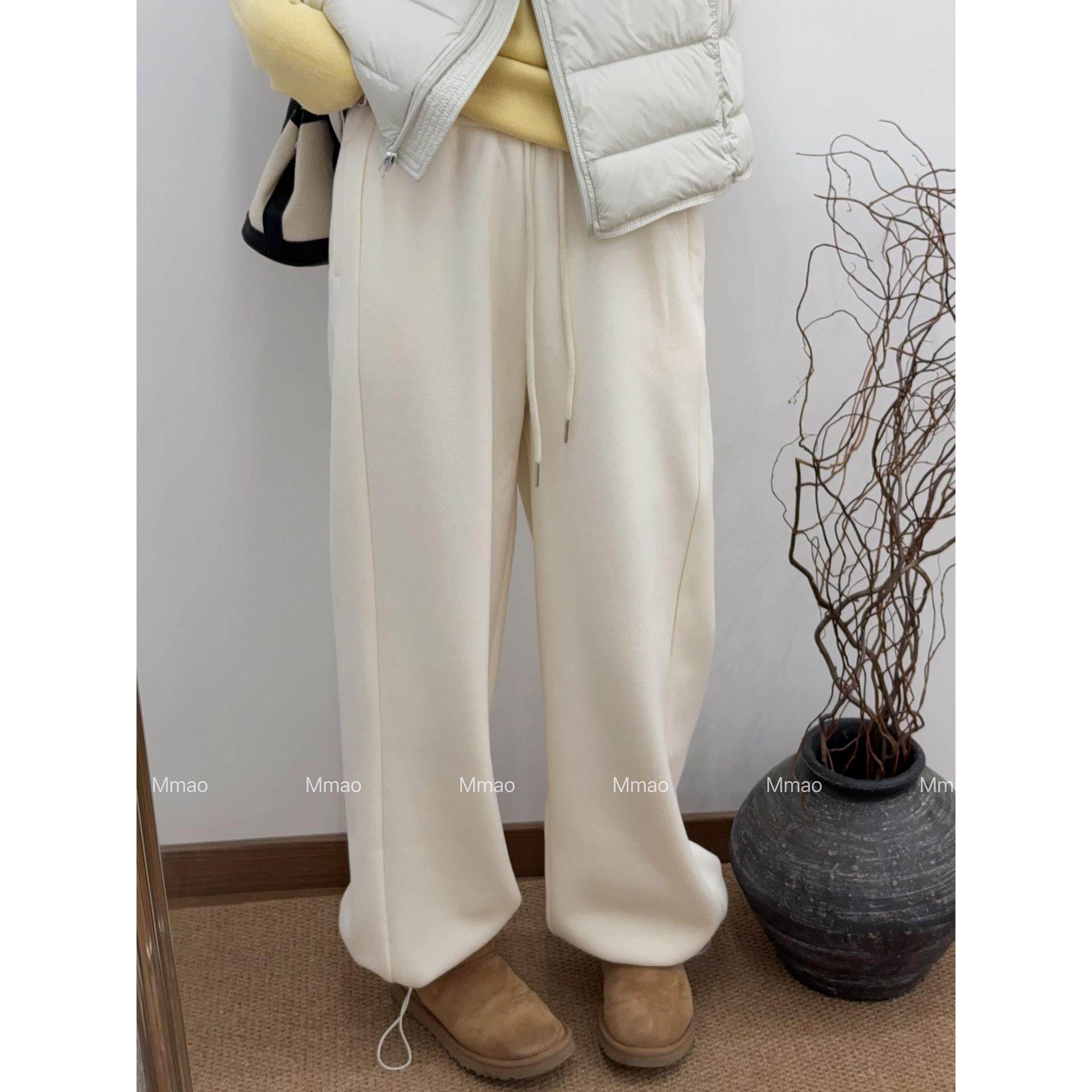 Mmao白色加绒加厚束脚卫裤女2025冬季新款松紧腰宽松直筒休闲长裤