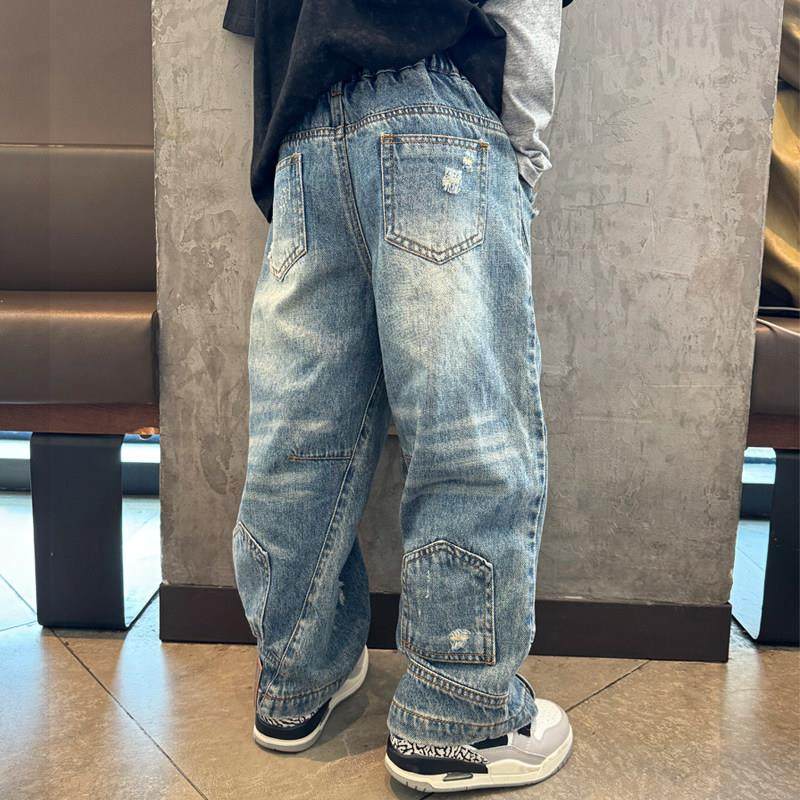 童装男童牛仔直筒裤子破洞街舞阔腿男孩2025春夏潮酷宝宝儿童长裤