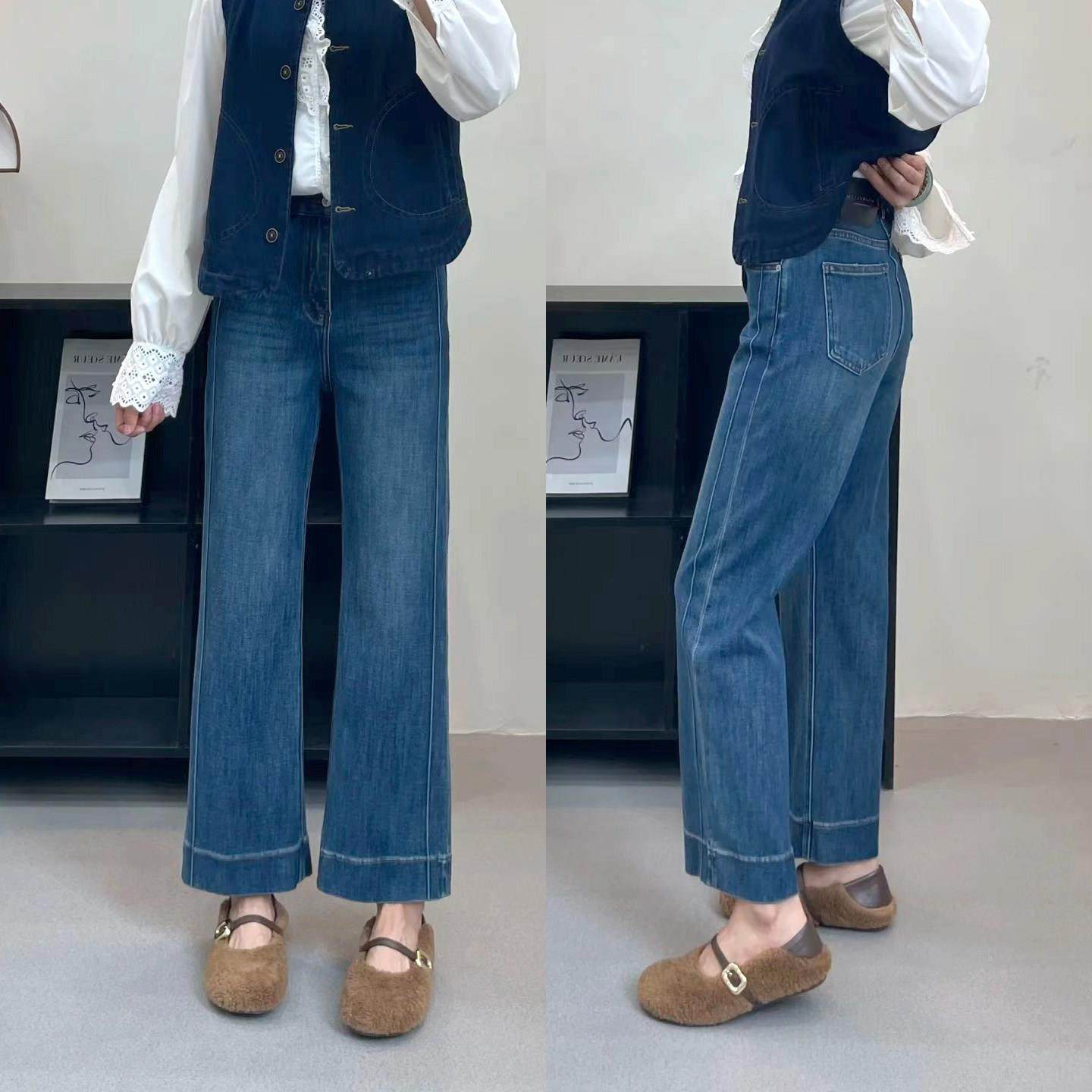 窄版阔腿裤女小个子牛仔裤梨型身材胖mm宽松显瘦弹力九分烟直筒裤