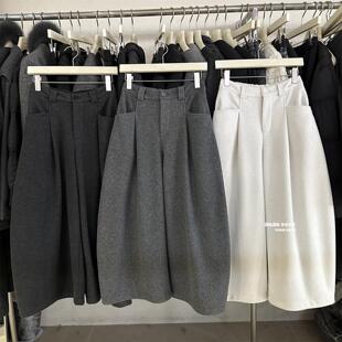 韩系加绒九分弯刀裤女冬季保暖显瘦小个子休闲裤百搭时尚毛呢裤子