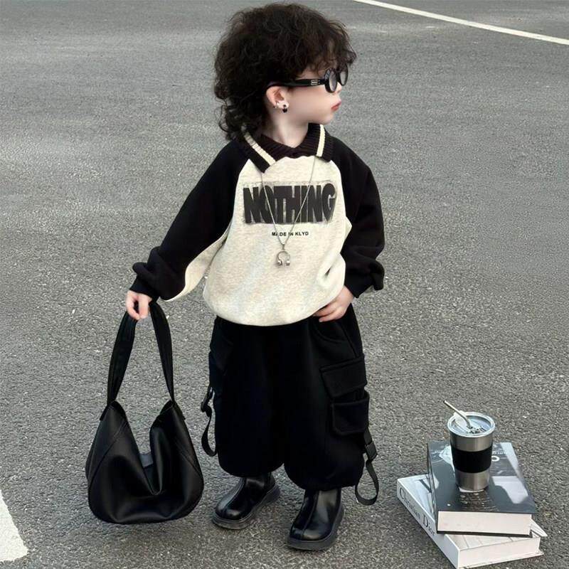 男童加绒套装2025新款韩范宝宝衣服儿童秋冬季卫衣帅气时髦潮男孩