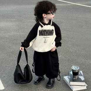 男童加绒套装2025新款韩范宝宝衣服儿童秋冬季卫衣帅气时髦潮男孩