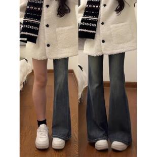 复古蓝不贴腿微喇牛仔裤女大码胖mm春季高腰显瘦弹力喇叭裤小个子