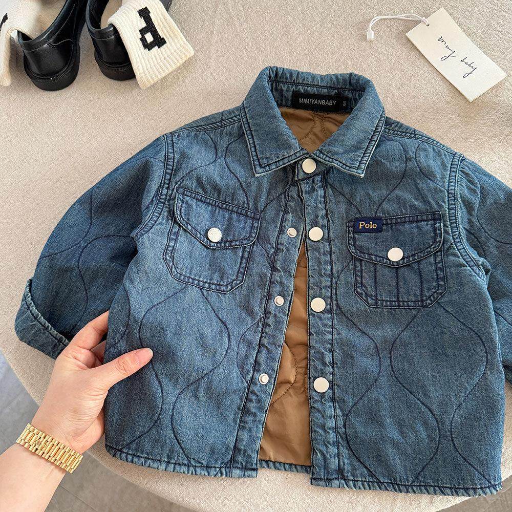 儿童牛仔外套秋冬2025新款男童夹棉衬衫上衣潮宝宝明线衬衣女洋气