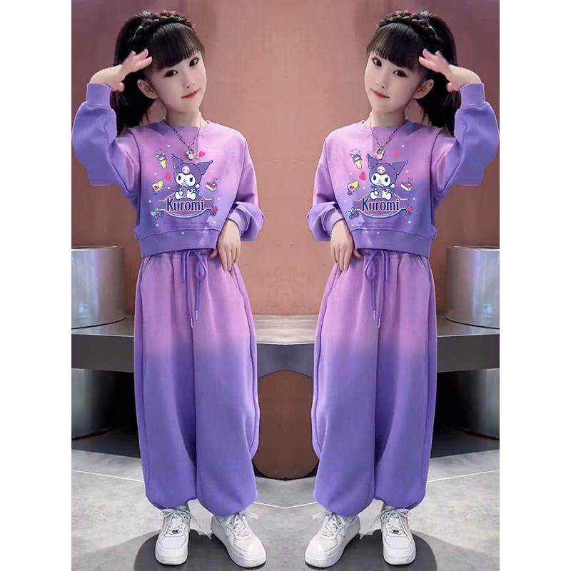 女童套装春秋渐变色2025新款洋气紫色儿童春装卫衣休闲运动两件套