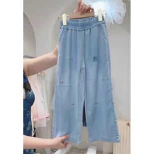 加绒女童牛仔裤2025秋冬新款韩版洋气秋款女孩直筒花边一条过冬