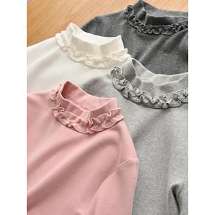 棉 儿童半高领木耳边长袖精梳棉T恤女童保暖内衣打底衫上秋冬款