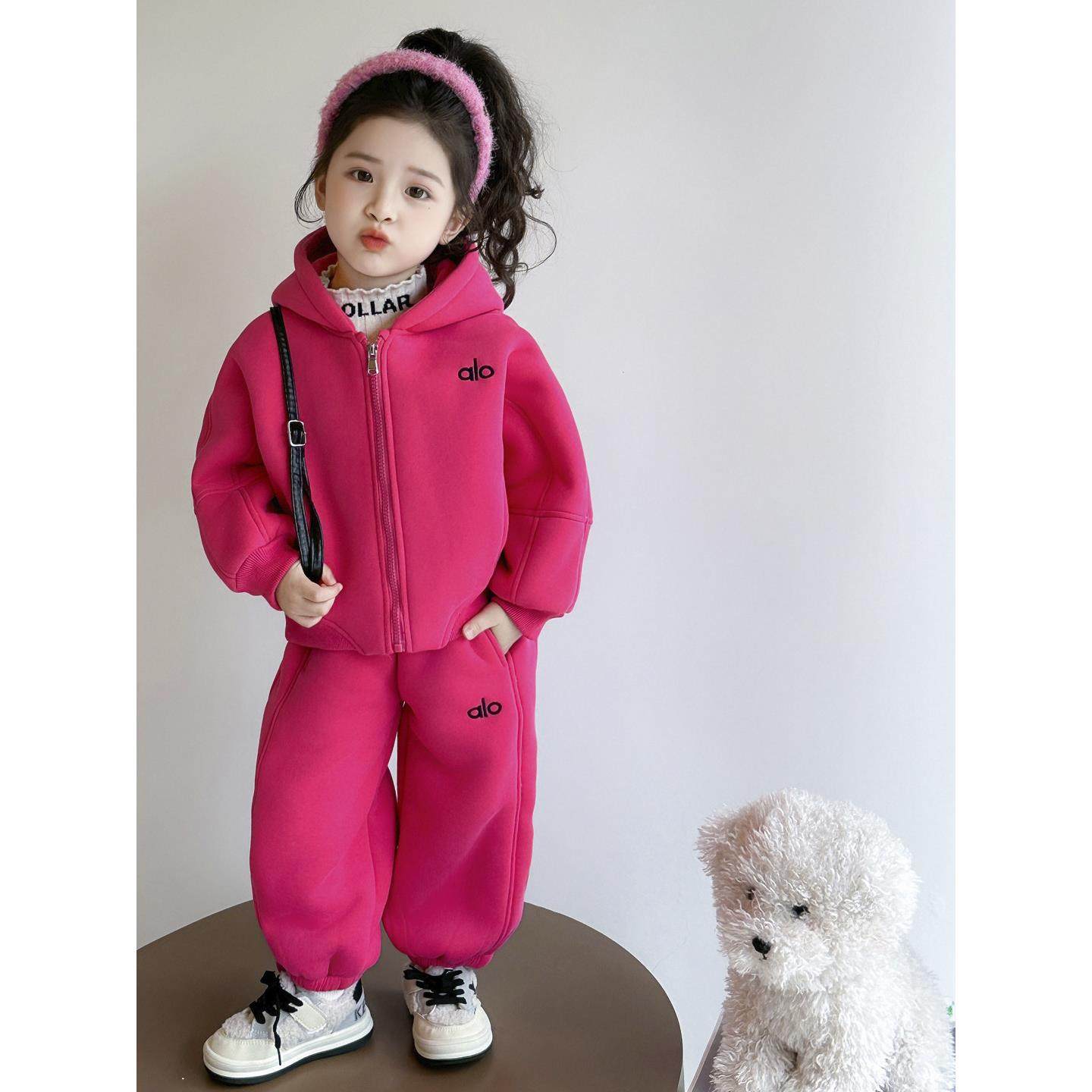 女童深秋套装2025新款儿童加绒连帽卫衣女宝宝条纹秋冬季运动洋气